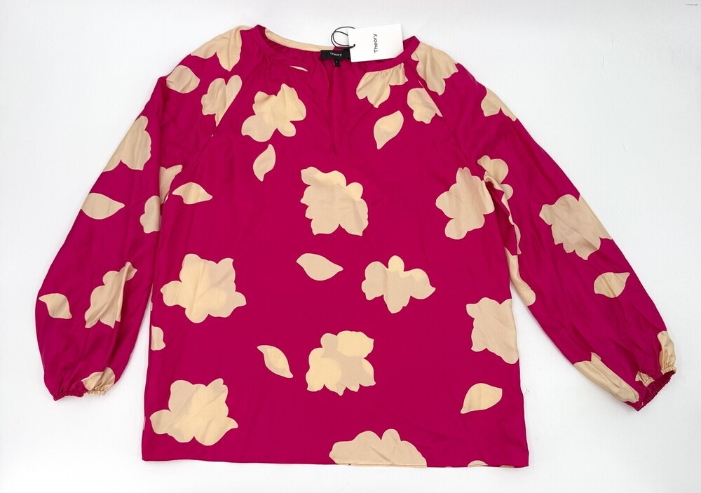 New Theory Shirt Womens Large Pink Floral 100% Silk Blouse Long Sleeve V-neck